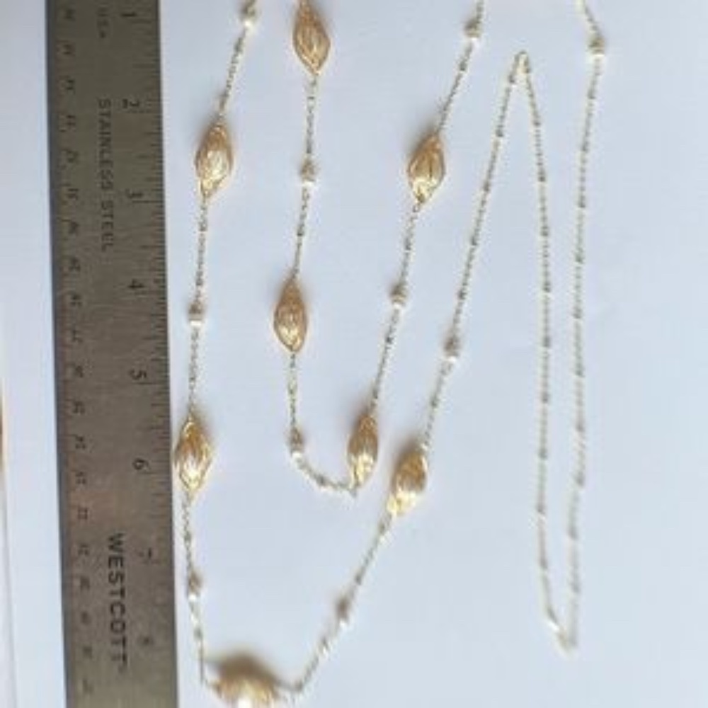42" White Cultured Pearl Gold Chain Necklace 14K Yellow Gold Plate - Picture 8 of 11